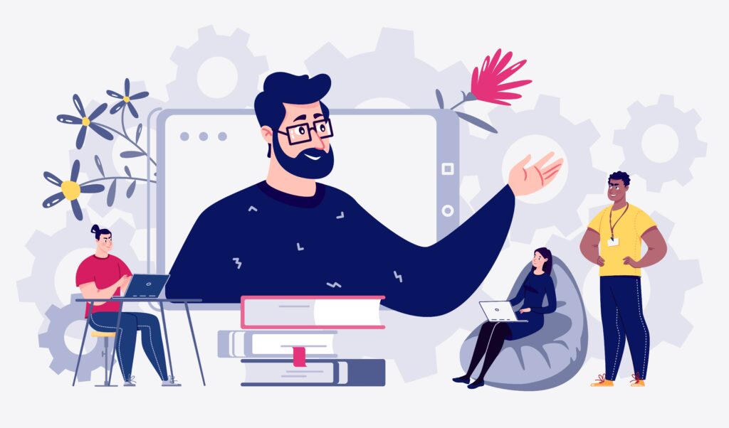 Man talking through a computer screen to students