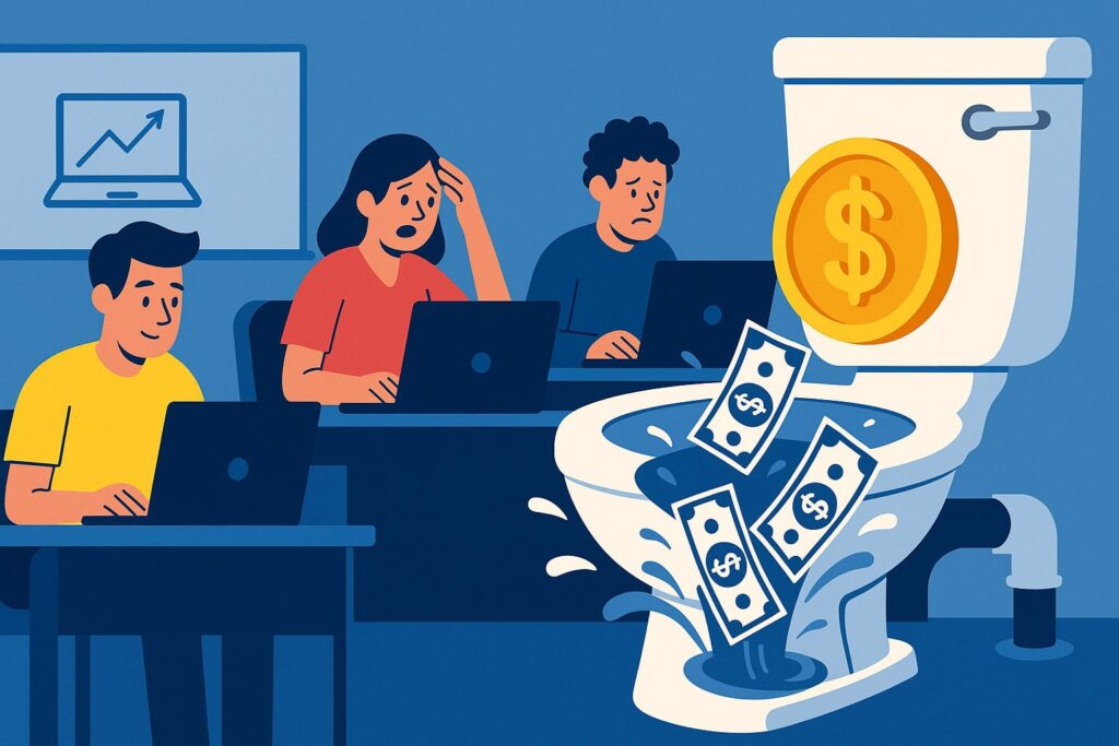 Humorous flat vector illustration of three students in an IT training classroom with dollar bills being flushed down a large toilet, symbolizing the hidden costs of in-person training.