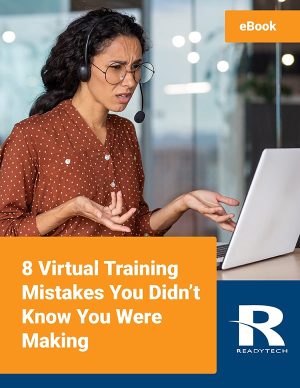 Confused businesswoman in front of a computer screen during a virtual training session, highlighting common virtual training mistakes.