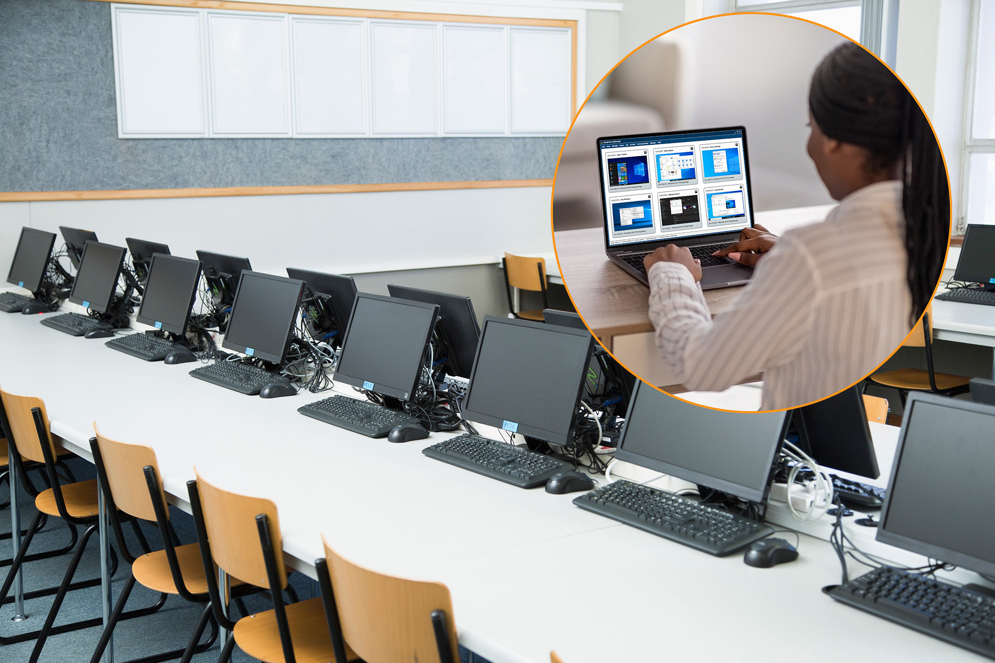 Woman remotely accessing in-house lab computer from home using Lab Overview software