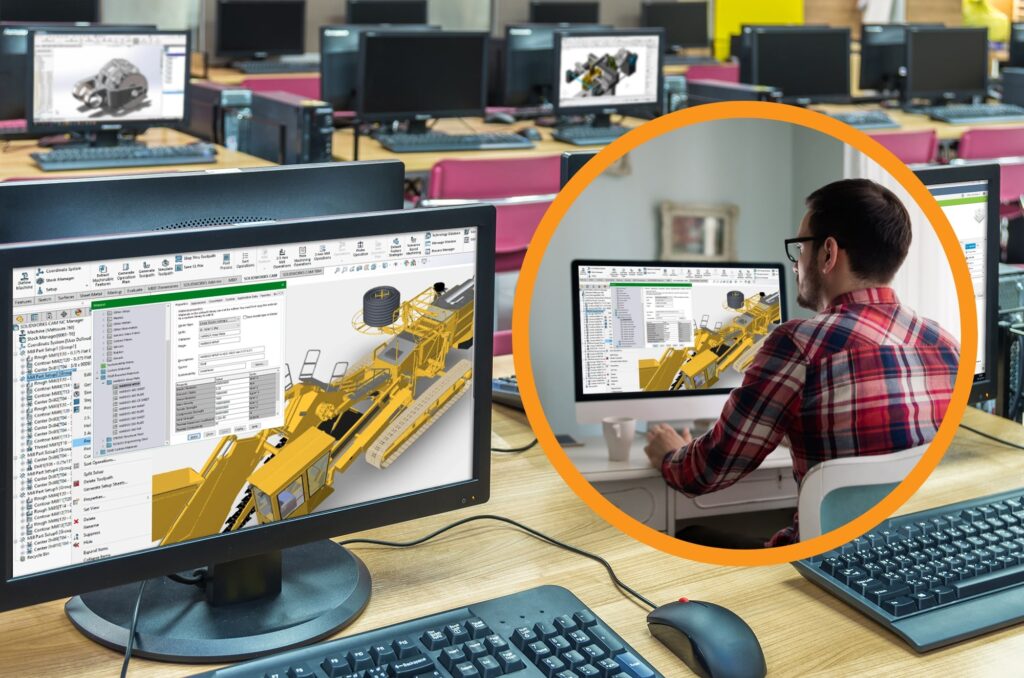 Man working from home on 3D modeling software connected to empty training lab with identical software displayed on lab computers