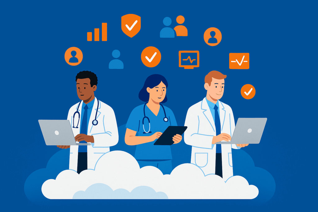 Illustration of a medical team standing on a stylized blue cloud, each using laptops and tablets, with orange and blue healthcare icons floating above to represent cloud-based virtual EMR/EHR training.