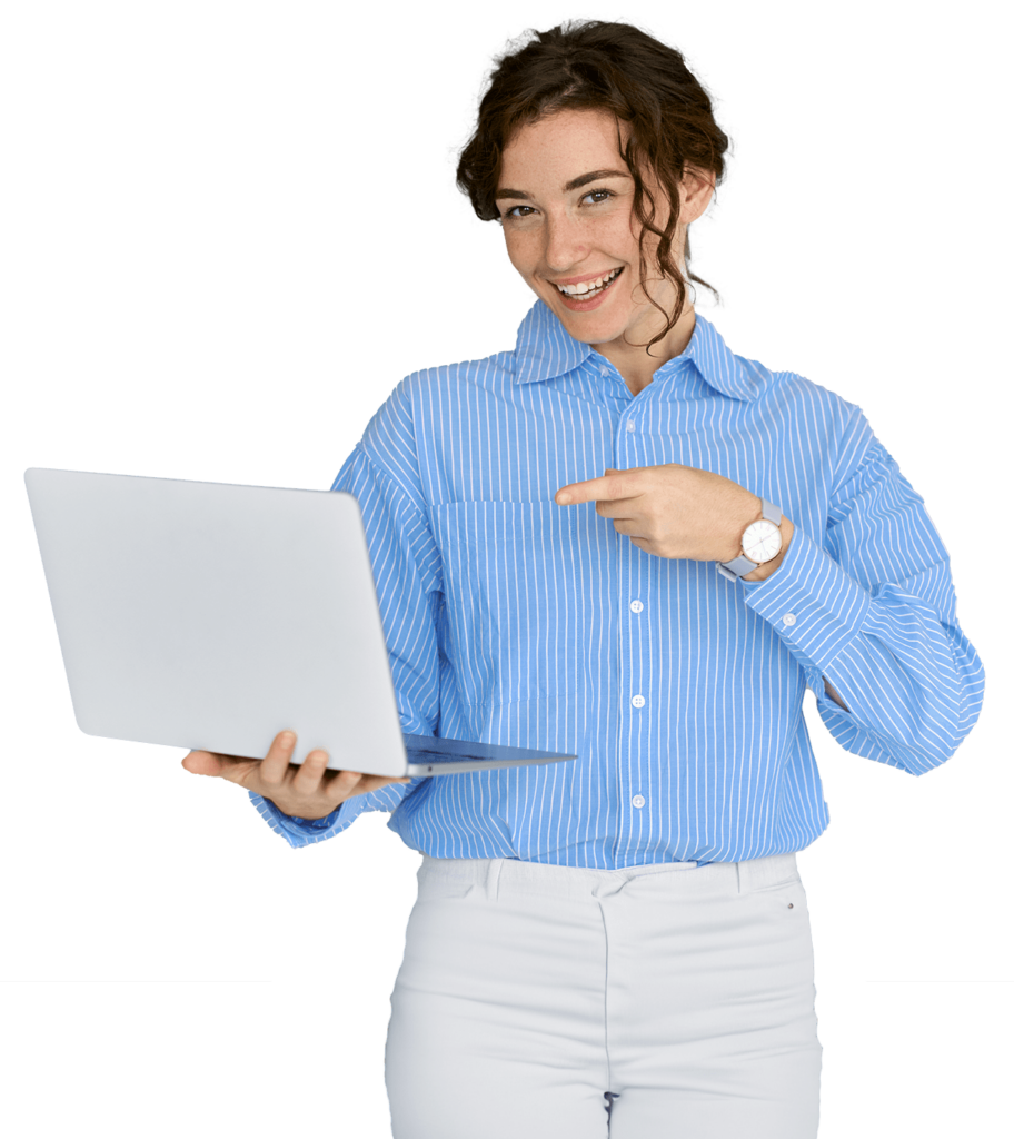 Woman holding and pointing at a laptop in her hand