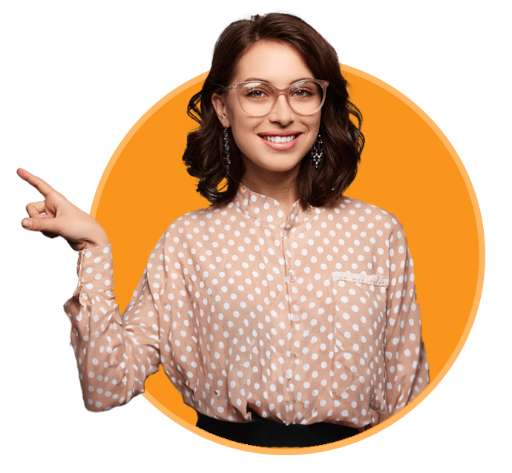 Woman pointing left toward a demo call-to-action for ReadyTech’s virtual training platform