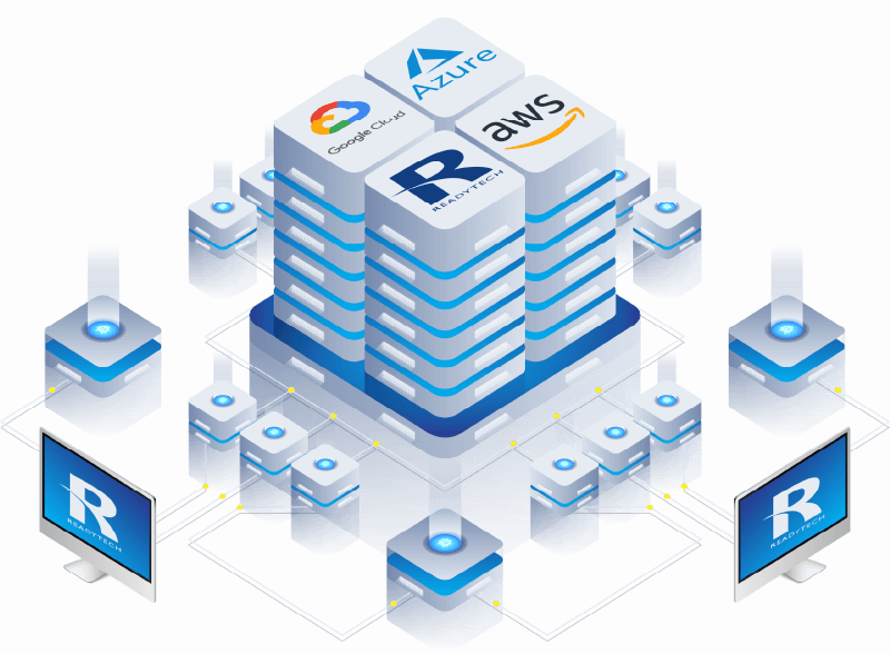 Isometric image of ReadyTech Axis working with AWS, Azure, and Google Cloud