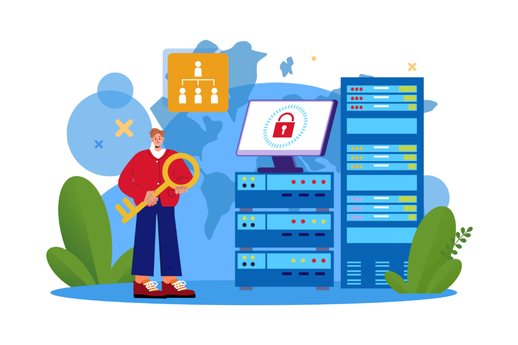 Figure standing next to a server that is locked with a key