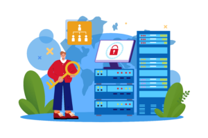 Figure standing next to a server that is locked with a key