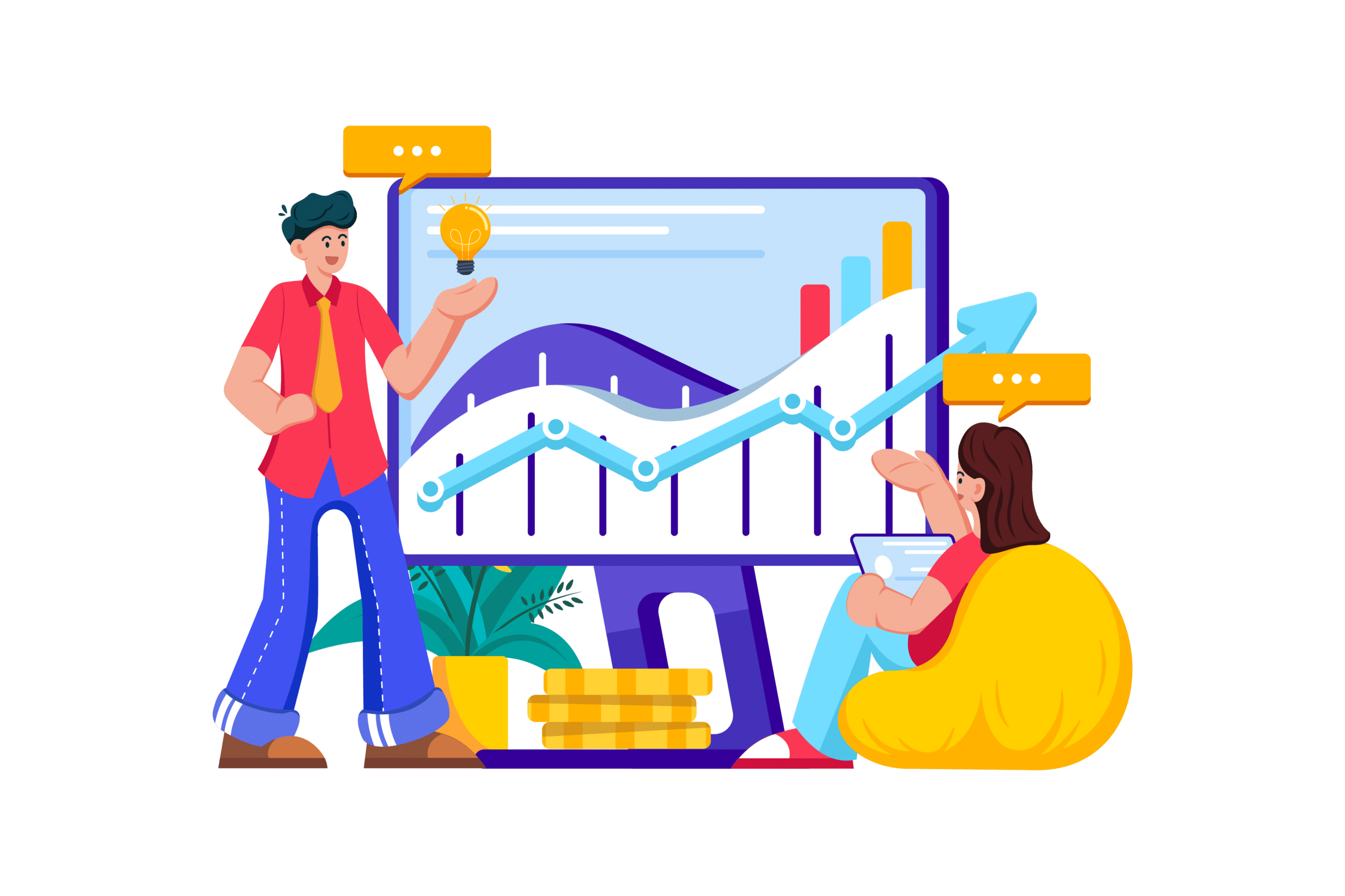 A man and woman standing around a computer screen with a graph of data going up.
