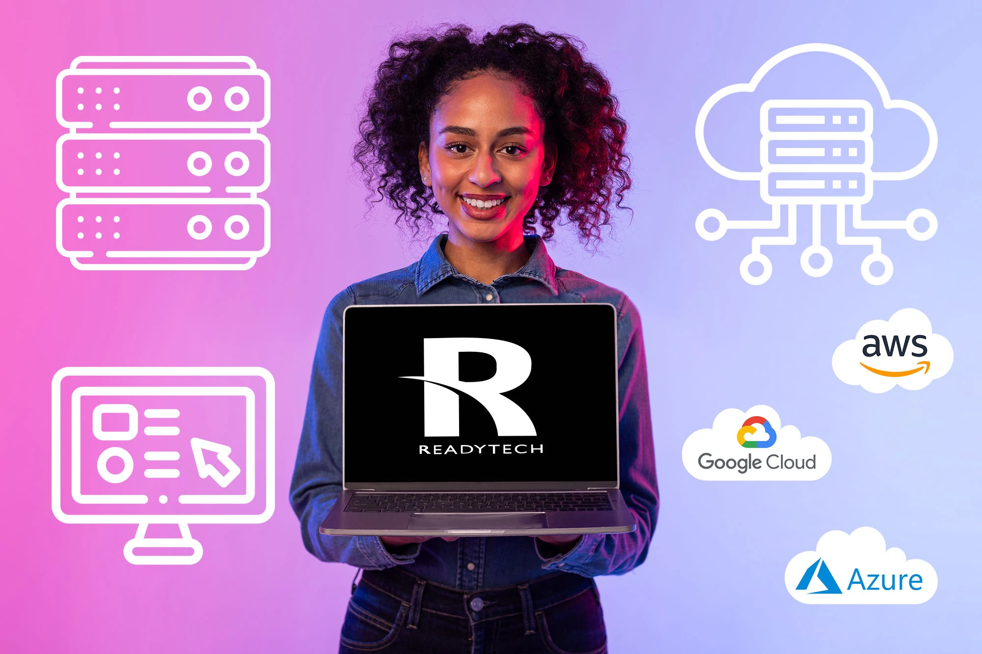 Woman holding laptop with ReadyTech logo surrounded by icons representing cloud computing and the best virtual labs.